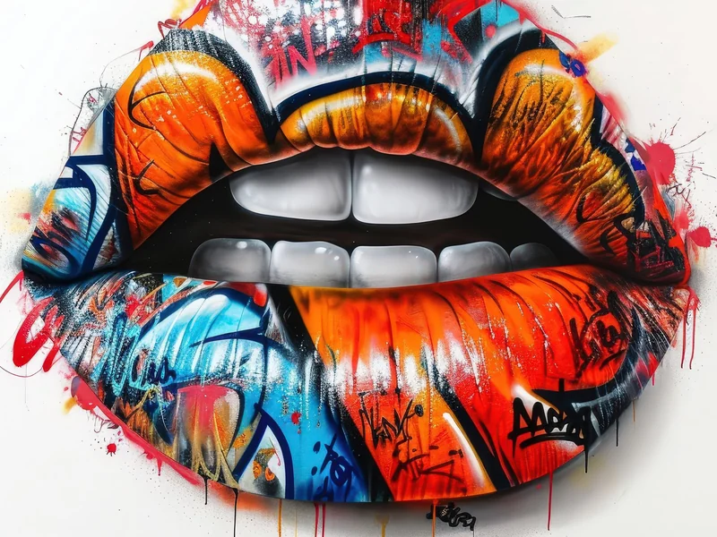 A Drippin Wet Art canvas: graffiti-painted lips in orange, blue and red