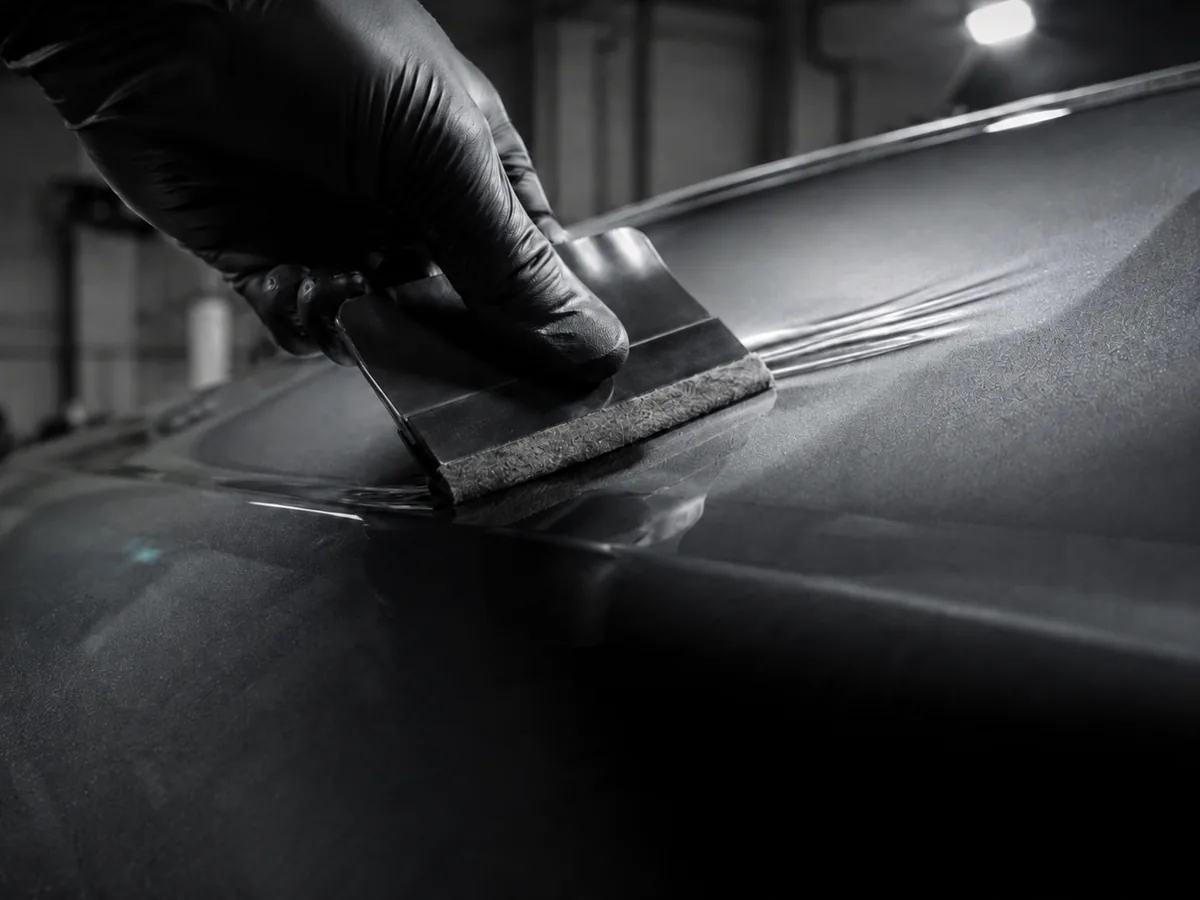 A gloved hand working film down onto a panel with a squeegee