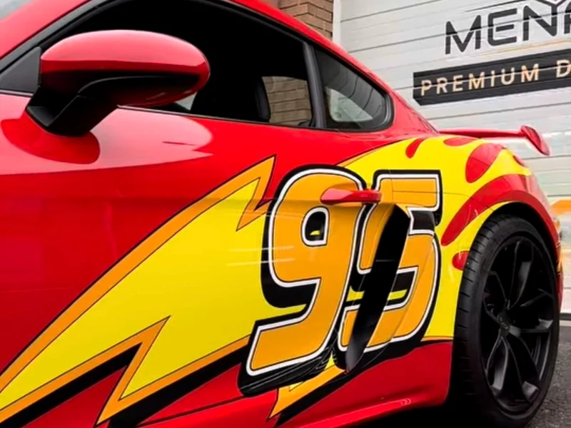 A privately owned coupe wrapped as a number 95 Lightning McQueen tribute